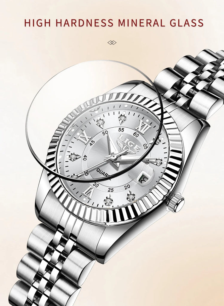 Orologio da Polso LIGE di Lusso con Strass per Donna, Cinturino in Acciaio Inossidabile, Movimento al Quarzo, Regalo, Reloj Mujer platinumshop