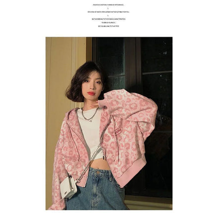 Cool Pink Leopard Print Hoodie Sweatshirt Women Spring Autumn Punk Hoodies Tops Females Outwear Clothes Zip Up Crop Tops Girl