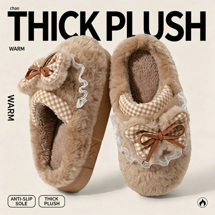 Kawaii Winter Warm Cotton Slippers Women Plaid Bowknot Lace Ruffle Plush Thick Platform Non-Slip Indoor Casual Shoes