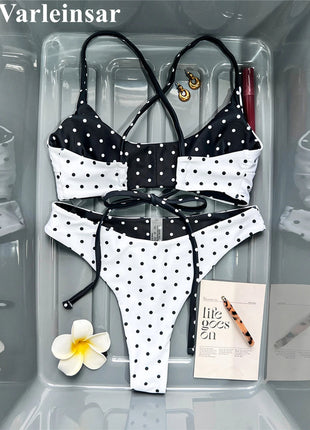 XS - L Nuovo Bikini Micro Thong a Pois da Donna, Costume da Bagno Due Pezzi, Set Bikini V7854 PlatiNum