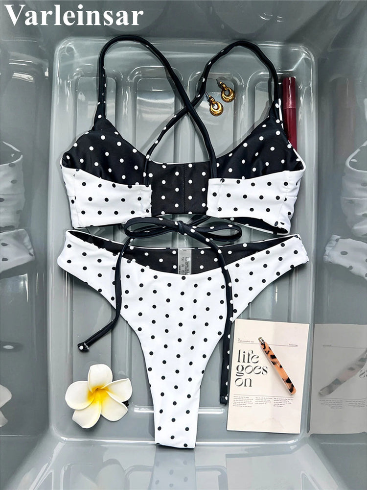 XS - L Nuovo Bikini Micro Thong a Pois da Donna, Costume da Bagno Due Pezzi, Set Bikini V7854 PlatiNum