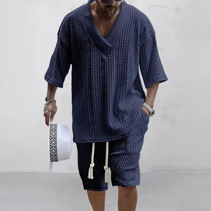 2024 Pantaloncini casual primaverili ed estivi Set T-shirt e pantaloncini a maniche corte con scollo a V in due pezzi da uomo Street Wear Set lavorato a maglia platinumshop