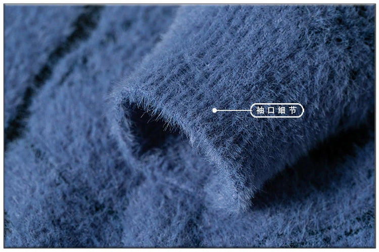 Mink Plush Thickened Round Neck Sweater New Men's Autumn Winter Loose Print Patchwork Fashion Knitted Sweater Long Sleeved Tops