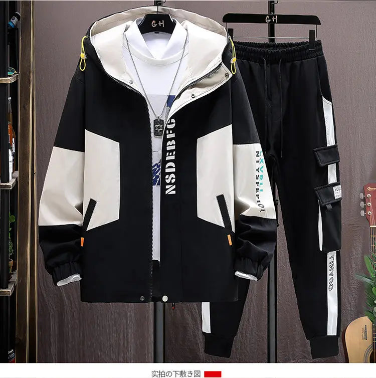 Autumn Casual Men Sets Two Pieces Fashion Korean Trend Hooded Jacket + Pants Spring Baseball Uniform Suit Man Outfit