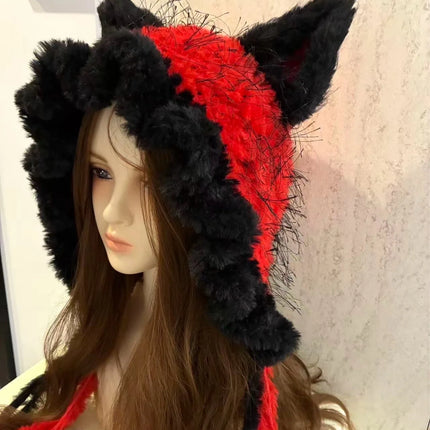 Custom Hand‑Crocheted Black Red Fox Ear Hood Women Soft Knitted Long Ties Beanie Gothic Unisex Dark Fairy Winter Warm Accessory
