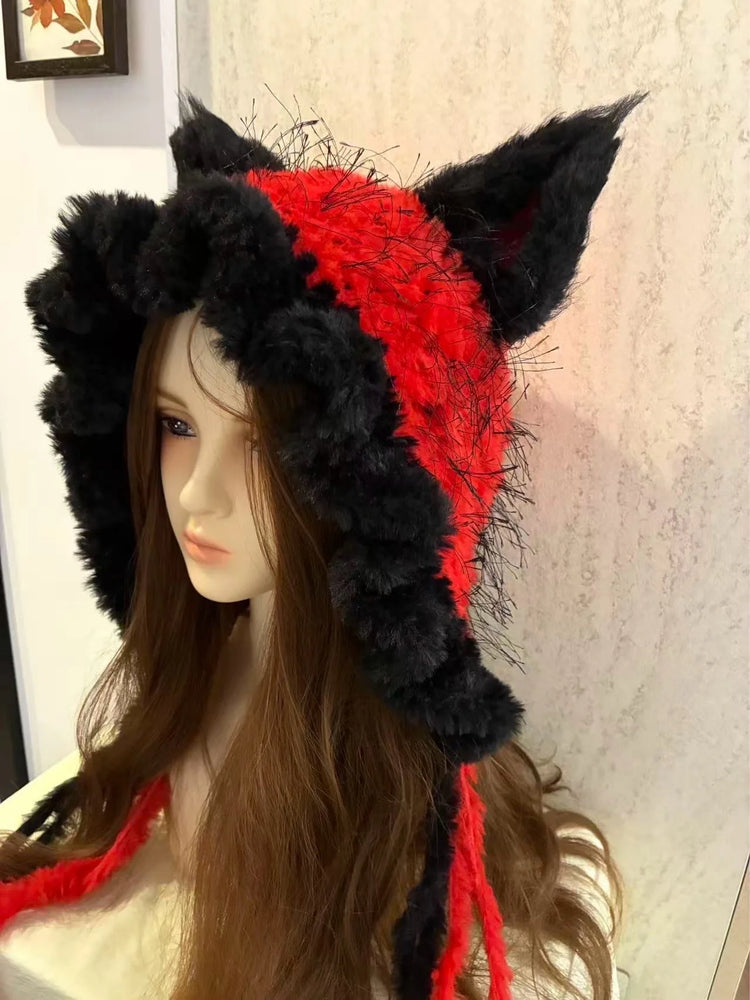 Custom Hand‑Crocheted Black Red Fox Ear Hood Women Soft Knitted Long Ties Beanie Gothic Unisex Dark Fairy Winter Warm Accessory