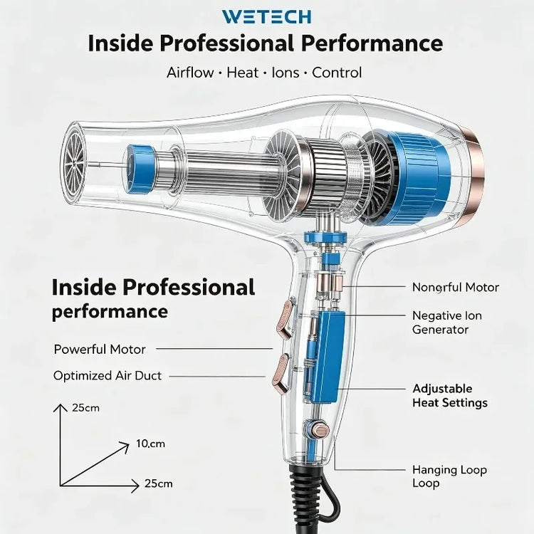Negative Ion Blow Dryer WETECH 2000W Cool Shot For Curly Hair Voluminous Hairstyle Salon Diy Shaping