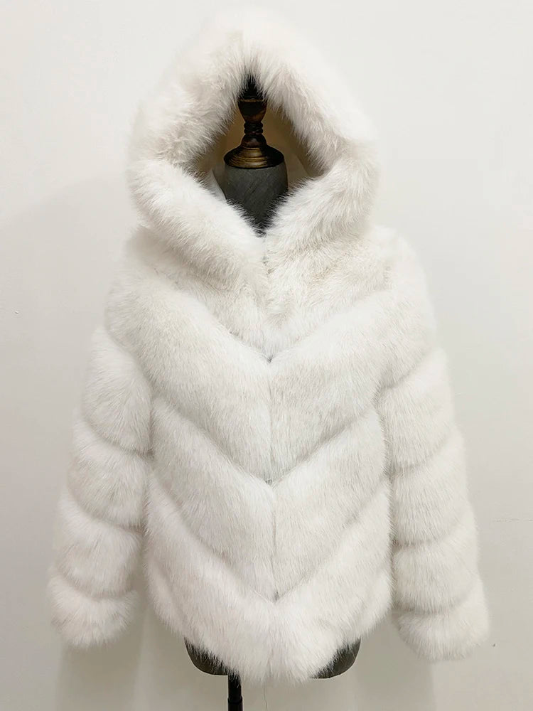 ZADORIN Fashion Hooded Splicing Fluffy Jacket Women Winter Long Sleeve White Faux Fur Coat Woman Clothing New in Coats & Jackets