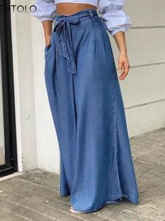 Eleganti Jeans a vita alta donna Denim estate pantaloni a gamba larga Lace-up Solid Female Lage Size Street pantaloni Casual abbigliamento