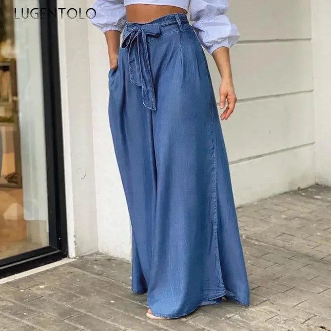 Eleganti Jeans a vita alta donna Denim estate pantaloni a gamba larga Lace-up Solid Female Lage Size Street pantaloni Casual abbigliamento