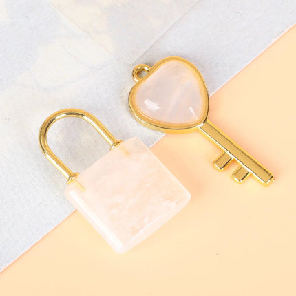 1 Set Natural Crystal Couple Lock Necklace Pendant Set Heart Shaped Key Piece Pink Crystal Amethyst Tiger Eye Stone Lock PlatiNum