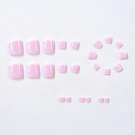 24pcs French Flower Fake Toenails Short Square White Border Press On Nail Tips With 1Jelly Stickers Full Coverage False Nail Tip