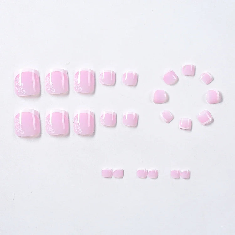 24pcs French Flower Fake Toenails Short Square White Border Press On Nail Tips With 1Jelly Stickers Full Coverage False Nail Tip