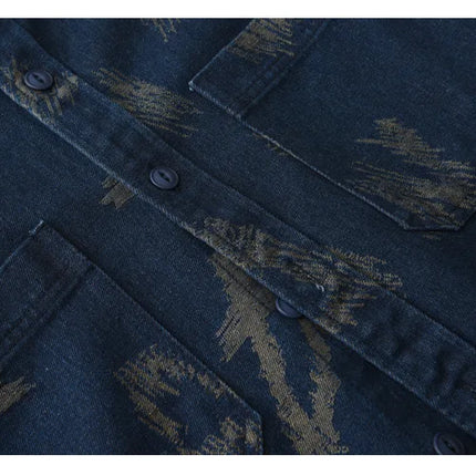 T795 Men's Long Sleeve Denim Casual Shirt for Autumn Winter Fashion Loose Relaxed Fit Vintage Flower Print Denim Jackets Male
