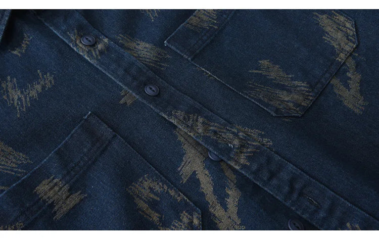 T795 Men's Long Sleeve Denim Casual Shirt for Autumn Winter Fashion Loose Relaxed Fit Vintage Flower Print Denim Jackets Male