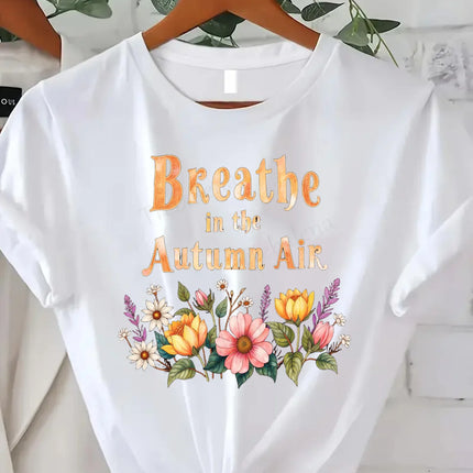 Comoda maglietta con stampa da donna Breathe in the Autumn Air T-shirt floreale da donna, stile stagione autunnale