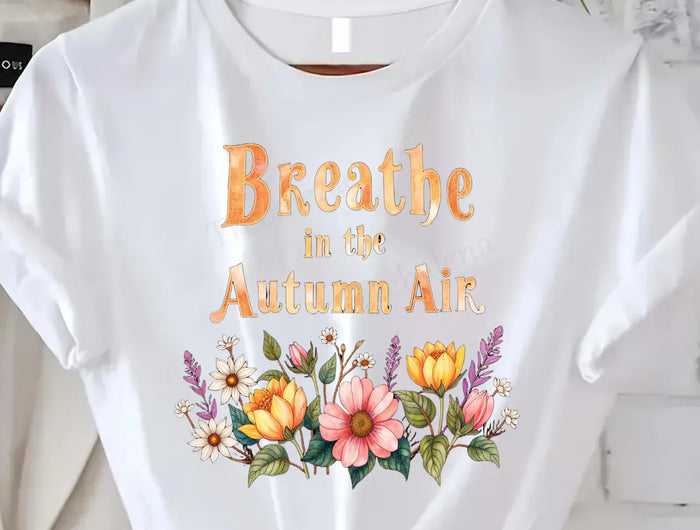 Comoda maglietta con stampa da donna Breathe in the Autumn Air T-shirt floreale da donna, stile stagione autunnale