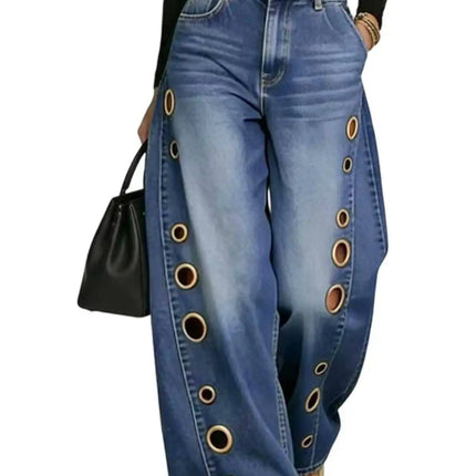 Jeans da Donna a Gamba Larga, Vita Media, con Dettagli Traforati, Effetto Vintage, Stile High Street, Eleganti, da Lavoro, Casual, Pantaloni Dritti