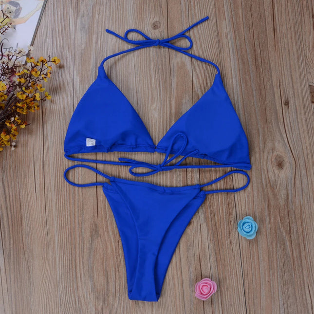 Set bikini sexy perizoma da donna Costume da bagno laterale stile fasciatura Costume da bagno brasiliano con cinturino diviso Set costume da bagno femminile solido regolabile platinumshop