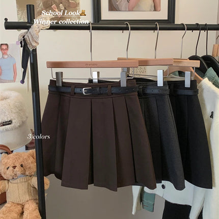 MEXZT Streetwear Woolen Mini Skirt Women Fashion Harajuku with Belt Black Pleated Skirts Fall Winter Preppy Korean A Line Faldas PlatiNum