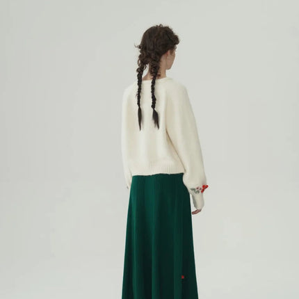 62-96cm Waist Fall Winter Long Skirts Women Elegant Handmade Embriodery Crochet Red Fruit Cashmere Wool Knitted Emerald Skirts PlatiNum