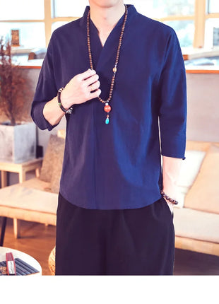 Kimono estivo stile giapponese manica corta uomo nuovo cotone a mezza manica lino traspirante abbigliamento uomo t-shirt giapponese Yukata top
