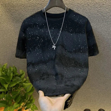 Summer Tear Men Clothing Summer Rhinestone Rivet T-shirt Round Neck Casual T-shirt Korean Version Men's Short Sleeves Tee PlatiNum