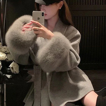 Elegant OL Office Lady Overcoats Fur Patchwork Long Sleeve Woolen Coat Beautiful Women's Clothing Jacket Autumn 2025 Spring