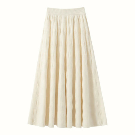 Women Cashmere Skirt A-Line Jacquard Elastic Waist Flared Skirt Autumn Winter 100% Cashmere Knitted Office Lady Curled Hem Dress PlatiNum