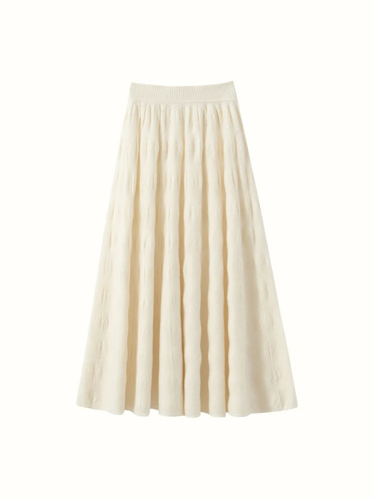 Women Cashmere Skirt A-Line Jacquard Elastic Waist Flared Skirt Autumn Winter 100% Cashmere Knitted Office Lady Curled Hem Dress PlatiNum