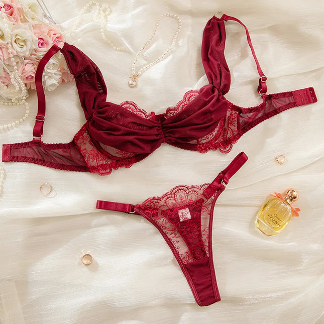 Toucheart Erotic Lingerie New Burgundy Embroidered Underwear Set Sexy Deep V Push-up Hot Bra Hollow See-through Panties Forwomen