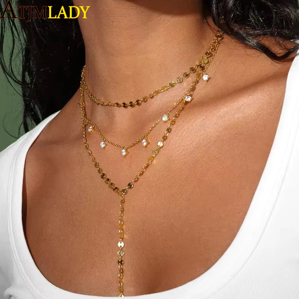 2025 Nuova collana lunga per le donne Y Lariat a forma di disco girocollo sexy multistrato con paillettes catena nappa bling cz pendente collana