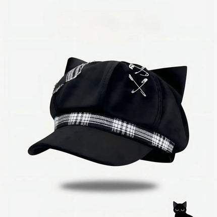 Alt Y2K Cat Ear Visor Hat Plaid Tape Decor Gothic Punk Black Cap Harajuku Street Cosplay Fashion Headwear