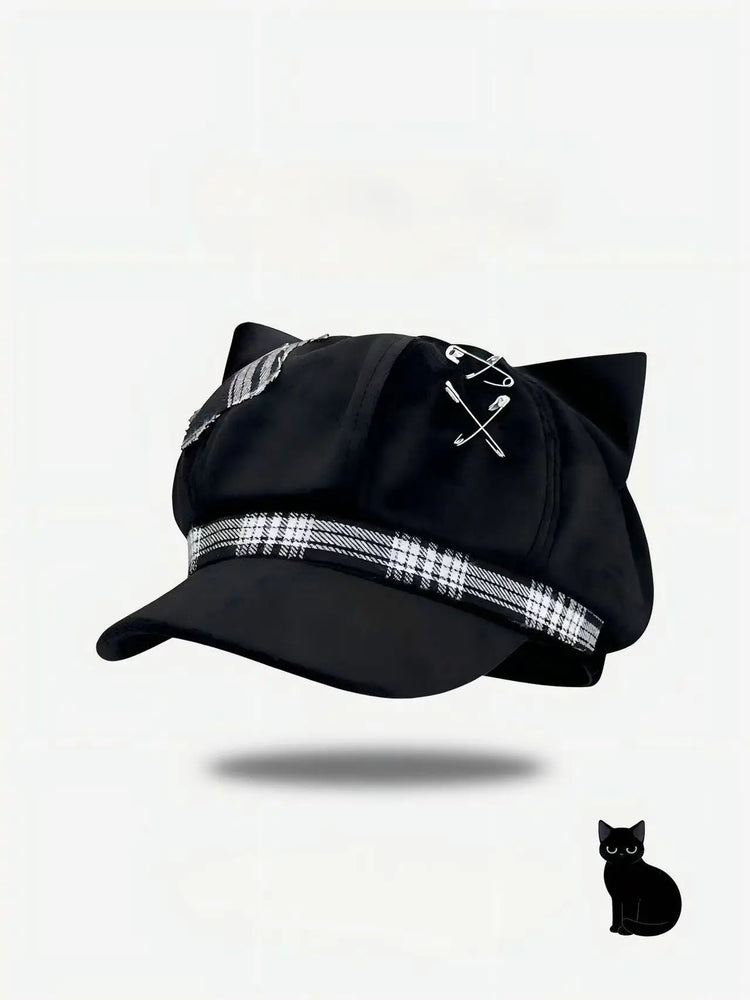 Alt Y2K Cat Ear Visor Hat Plaid Tape Decor Gothic Punk Black Cap Harajuku Street Cosplay Fashion Headwear