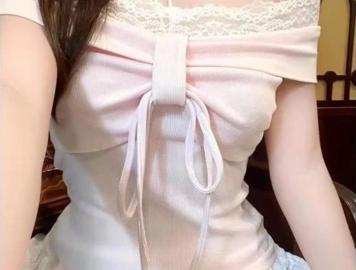 T-shirt rose élégant Kawaii slim à manches longues en dentelle pour femme, coupe douce avec épaules dénudées, top mode féminine, tenues adorables et skinny, nouveauté