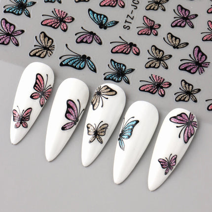Glitter Butterfly Nail Stickers Decals Charm 3D Shiny Blue Pink Design Self Adhesive Sliders Nail Art Foils Manicure Decorations