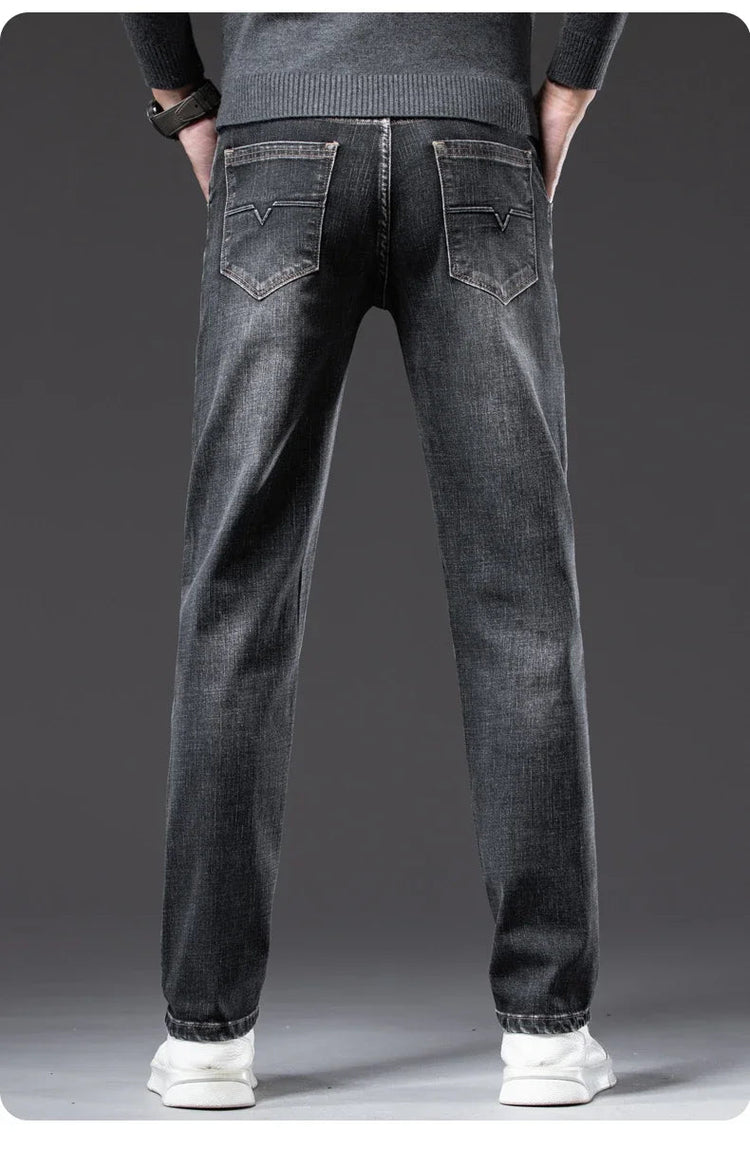 Autumn Men's Business Straight Fit Jeans Vintage Blue Smoke Gray Stretch Trousers Soft Comfortable Fabric Denim Pants Male PlatiNum