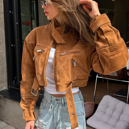 Brown Suede Leather Short Coats Women Solid Stand Collar Zipper Waist Belted Cropped Jackets 2026 Lady Autumn Y2k Casual Outwear