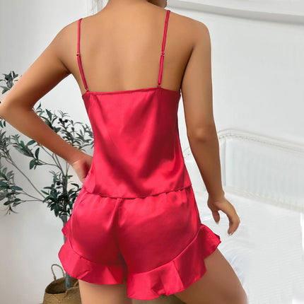 Pigiama semplice in raso con maniche lunghe, abito con cintura, scollo a V, top e pantaloncini, pigiama da donna