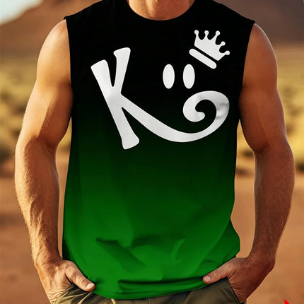 Men's Sleeveless T-Shirt with K Letter 3D Digital Print, Casual Polyester Round Neck Tank Top, Men's Sports Top.