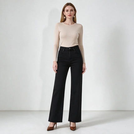 Women's Black Flared Jeans, High Waist, Stretch Denim, Loose Fit, Stitching Details, Elegant Casual Style, Fashionable Trousers, Perfect for All Seasons, Sizes Xs-Xl，Fx1338-1