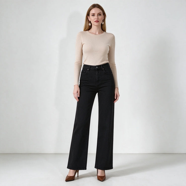 Women's Black Flared Jeans, High Waist, Stretch Denim, Loose Fit, Stitching Details, Elegant Casual Style, Fashionable Trousers, Perfect for All Seasons, Sizes Xs-Xl，Fx1338-1