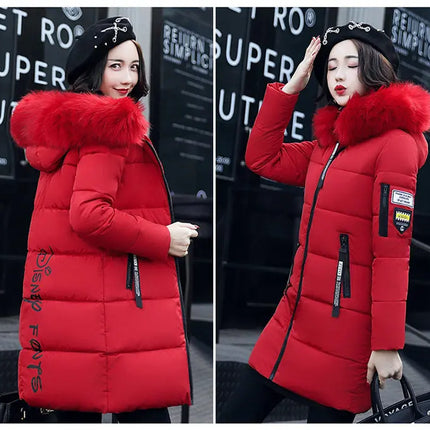 Women Winter Fur Collar Hooded Parka Coats Fashion Letter Patch Zipper Long Jacket Elegant Slim Warm Thick Female Snow Outerwear