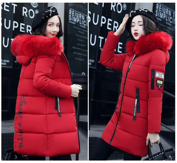 Women Winter Fur Collar Hooded Parka Coats Fashion Letter Patch Zipper Long Jacket Elegant Slim Warm Thick Female Snow Outerwear