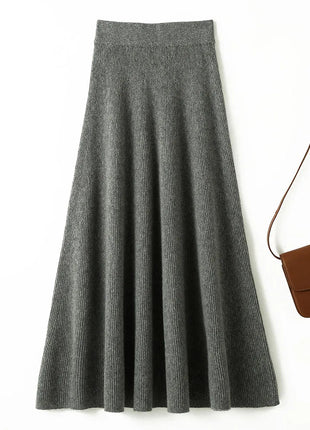 Chic New Women 100% Merino Wool Knitted A Line Skirt Solid Color Autumn Winter High Waist Preppy Style Soft Wool Midi Skirt PlatiNum