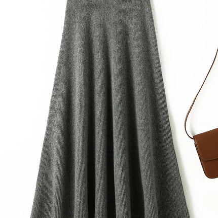 Chic New Women 100% Merino Wool Knitted A Line Skirt Solid Color Autumn Winter High Waist Preppy Style Soft Wool Midi Skirt PlatiNum