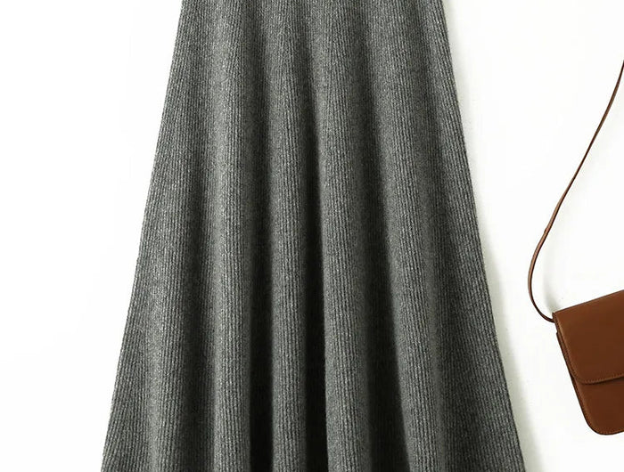 Chic New Women 100% Merino Wool Knitted A Line Skirt Solid Color Autumn Winter High Waist Preppy Style Soft Wool Midi Skirt PlatiNum