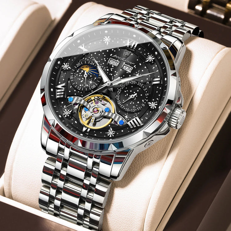 POEDAGAR Top Orologio da uomo originale Orologio meccanico automatico da uomo in acciaio inossidabile Calendario Hollow Tourbillon Orologio da uomo Maschio + scatola platinumshop