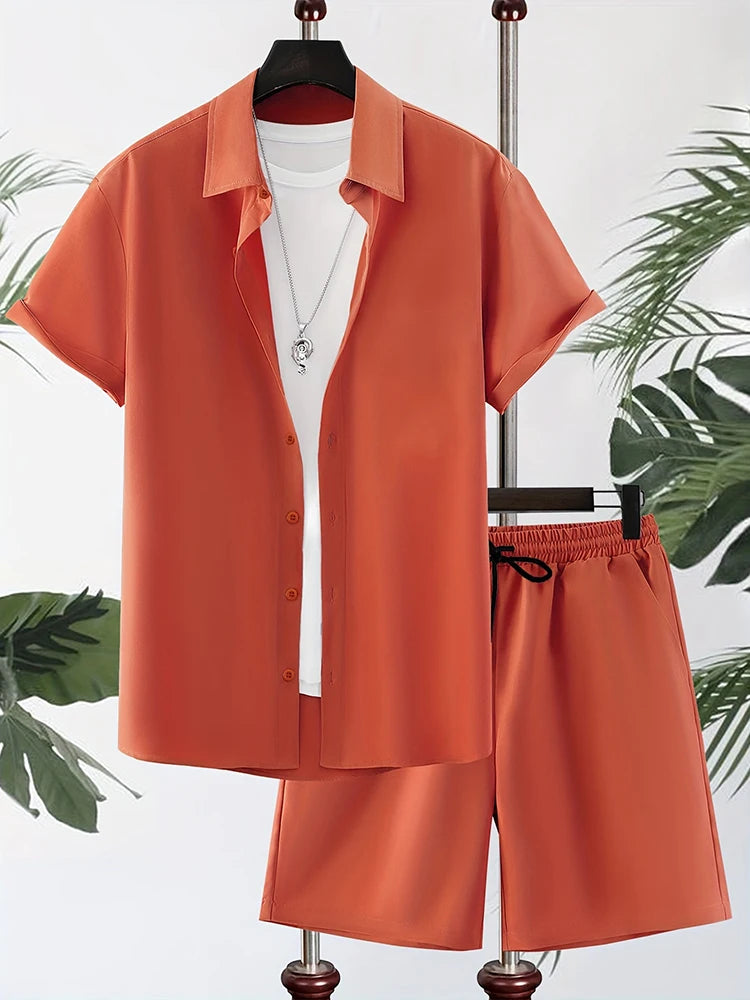 Camicia hawaiana da uomo semplice tinta unita Tendenza estiva Pantaloncini a maniche corte 2 pezzi Pantaloncini casual quotidiani Top Suit Moda oversize