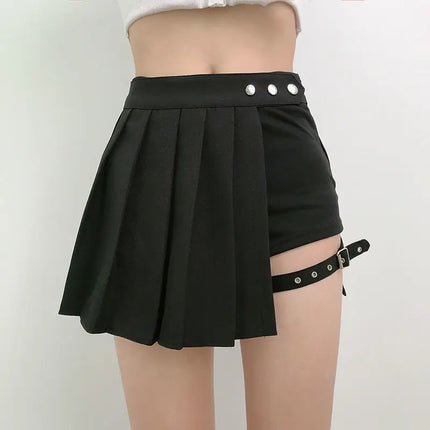 Harajuku Punk gotico nero a vita alta gonne nere donne Sexy Patchwork fasciatura Mini gonna nera Streetwear femminile